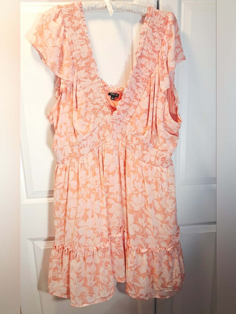 Torrid Coral Floral Chiffon Ruffle Deep V-Neck Smocked Back Mini Dress Plus Size - Picture 3 of 12